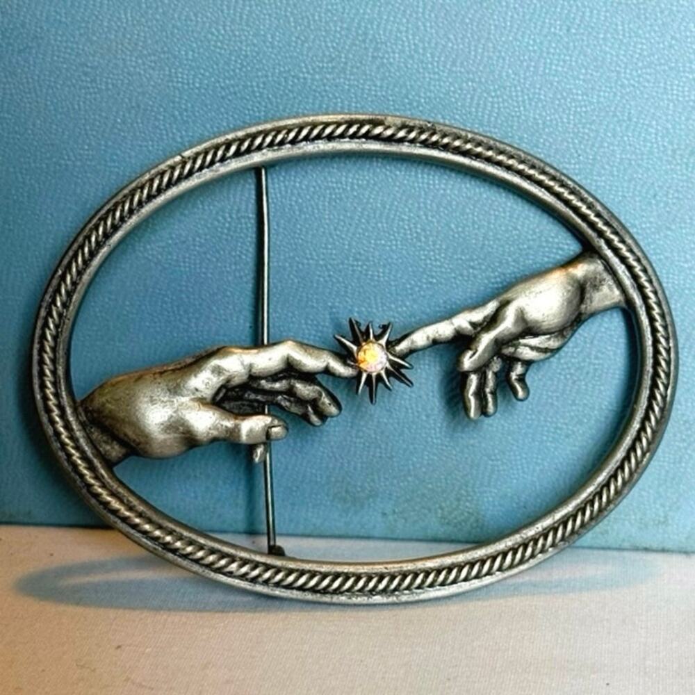 J.J. Reaching Hands Starburst Brooch – Pewter Tone – 2.75”
